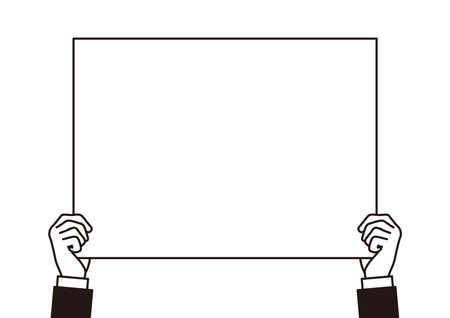 Hands holding empty white placard or board vector illustration.のイラスト素材