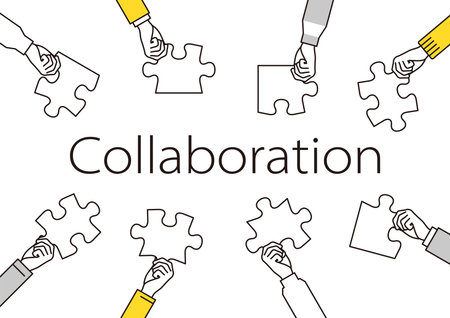 Illustration inspired by the collaboration. People holding puzzle written âskillâ.のイラスト素材