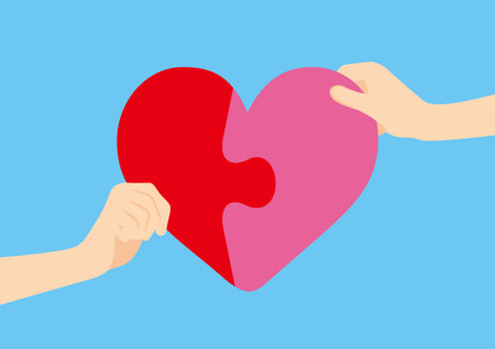 Illustration of people holding a heart-shaped puzzle. love, collaboration, tie, cords of love, relation, relationshipのイラスト素材