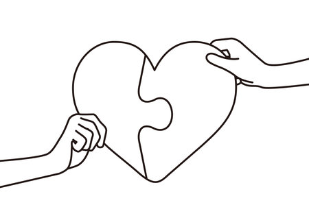 Illustration of people holding a heart-shaped puzzle. love, collaboration, tie, cords of love, relation, relationshipのイラスト素材
