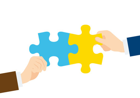 Illustration inspired by the collaboration and teamwork. People holding puzzle.のイラスト素材