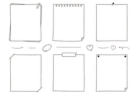 Framed set of Hand-drawn notes, memo and notebooks. Sticky notes, binders, paper.のイラスト素材