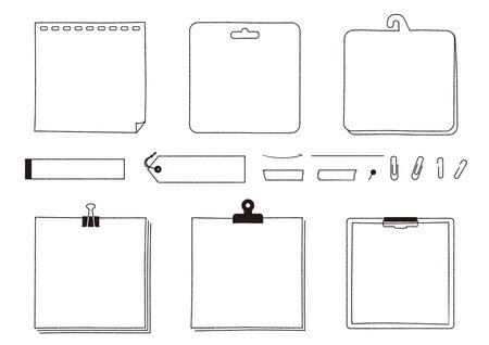 Framed set of Hand-drawn notes, memo and notebooks. Sticky notes, binders, paper.のイラスト素材