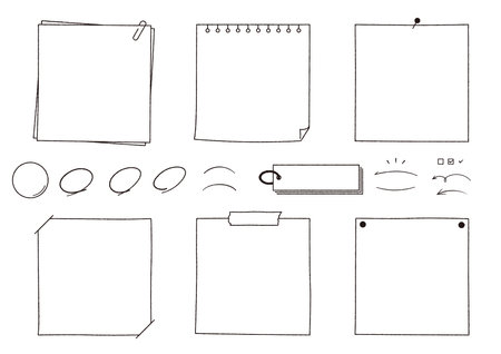 Framed set of Hand-drawn notes, memo and notebooks. Sticky notes, binders, paper.のイラスト素材