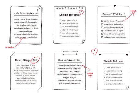 Framed set of Hand-drawn notes, memo and notebooks. Sticky notes, binders, paper.のイラスト素材