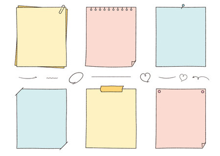 Framed set of Hand-drawn notes, memo and notebooks. Sticky notes, binders, paper.のイラスト素材