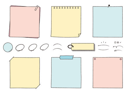 Framed set of Hand-drawn notes, memo and notebooks. Sticky notes, binders, paper.のイラスト素材