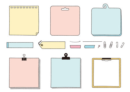Framed set of Hand-drawn notes, memo and notebooks. Sticky notes, binders, paper.のイラスト素材