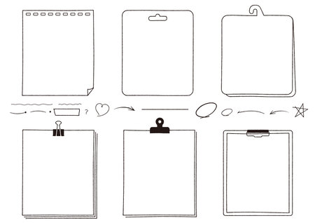 Framed set of Hand-drawn notes, memo and notebooks. Sticky notes, binders, paper.のイラスト素材