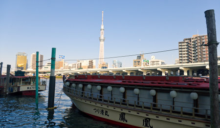 Houseboat of Japan floating in the river and sky tree