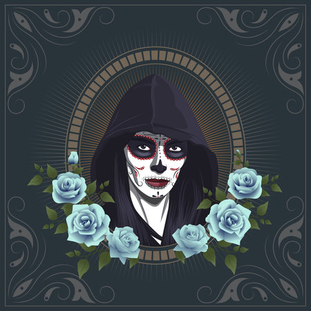 Woman with hoodie with dia de muertos face paintingのイラスト素材