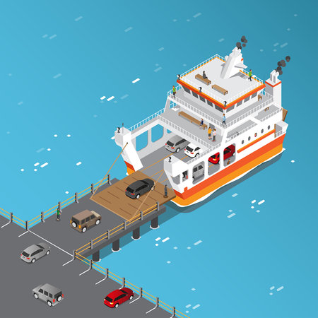 Isometric view of Ferry Ship Loading vehiclesのイラスト素材