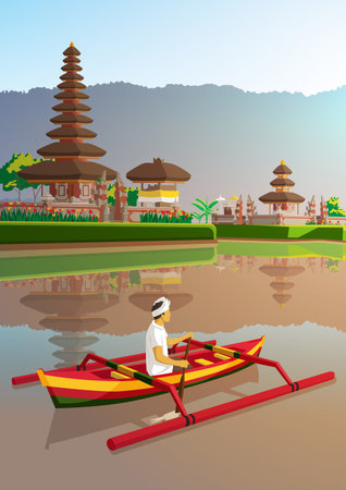 Ulun danu temple with balinese man ride traditional boat at bali Indonesia posterのイラスト素材