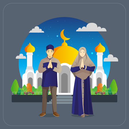 eid al fitr greetings card with muslim couple in front of mosqueのイラスト素材