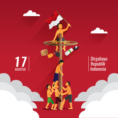 Indonesia traditional games during independence day, panjat pinang, pole climbingのイラスト素材