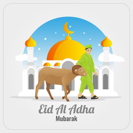 Eid al Adha Mubarak greetings card with boy carrying goatのイラスト素材