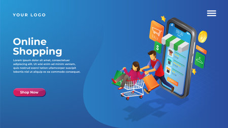 Isometric online shop concept for website and mobile apps landing pageのイラスト素材