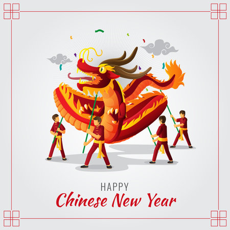 Chinese New Year Greeting card with dragon dance illustrationのイラスト素材