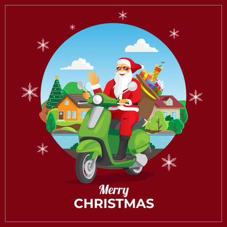Christmas greeting card with santa ride scooterのイラスト素材