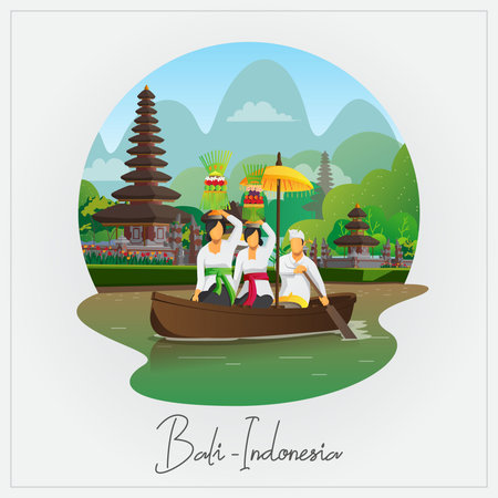 Welcome to Bali greeting card with people ride boat with Galungan ceremony equipmentのイラスト素材