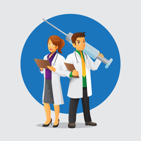 Cute couple doctors character with giant syringeのイラスト素材