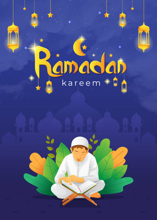 Ramadhan kareem greetings card with kid reading quran vector imageのイラスト素材