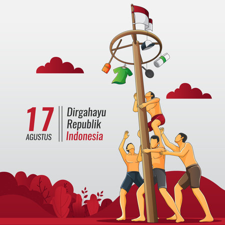 Indonesian Independence Greeting card with people playing pole climbingのイラスト素材
