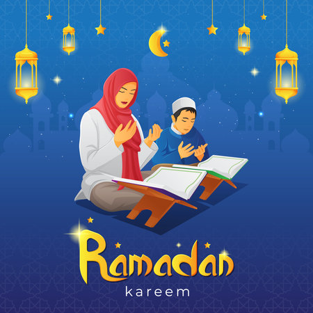 Ramadan kareem greetings card with praying woman and her son after read the holy Quranのイラスト素材