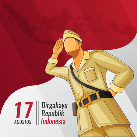 Indonesian independence greetings card with a hero doing saluting standのイラスト素材