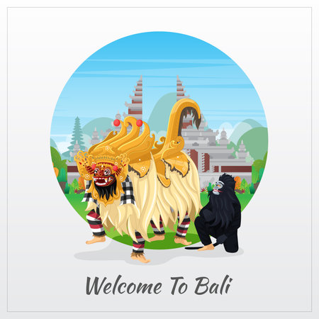 Welcome to Bali greeting card with Balinese barong danceのイラスト素材