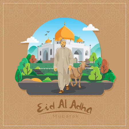 Eid al Adha Mubarak Greetings with man carrying goatのイラスト素材