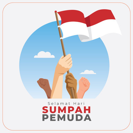 Indonesian Sumpah Pemuda vector greetings card with multi etnic hands holding flagのイラスト素材