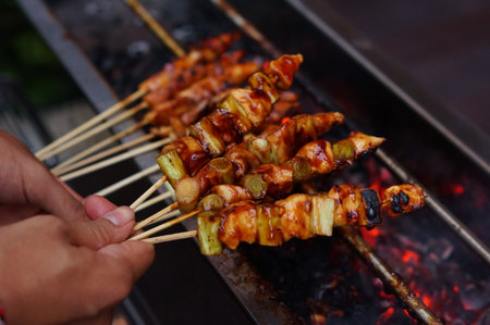 photo of hand holding barbeque skewer