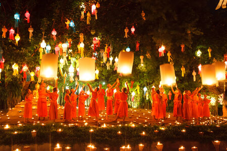 CHIANG MAI, THAILAND - NOV 08 : Buddhist monks meditation front side Buddha in Loy Kratong Festival, Wat Pan Tao Temple, Chiangmai, Thailand 2014のeditorial素材