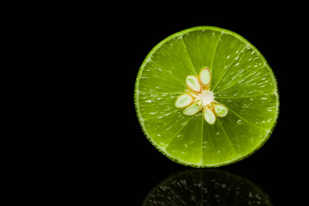Abstract dark background with citrus-fruit of lime slices.の写真素材