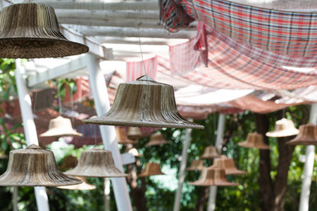 Palm leaf hats show in garden.の写真素材