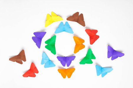 Set of colorful Paper Butterfly over white background. Origami butterfly.の写真素材