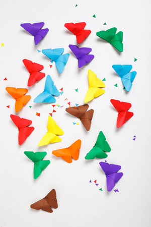 colourful origami butterfly paper on withe background.の写真素材
