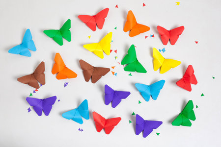 colourful origami butterfly paper on withe background.の写真素材