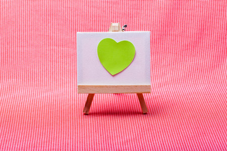 wooden easel with green heart on canvas background..の写真素材