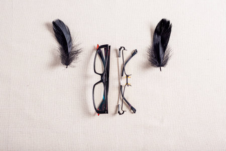 eyeglass with feathers background.の写真素材