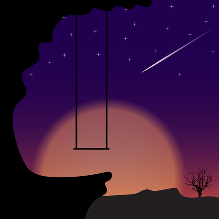 Swing on mountain in night time. Vector illustration.のイラスト素材