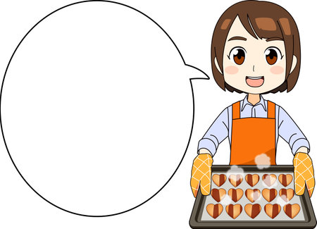 Japanese Anime-style women of baking heart shaped cookies with speech bubble.のイラスト素材