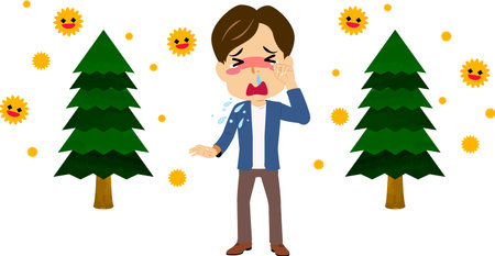 Illustration of a sneezing man because of a pollen allergyのイラスト素材