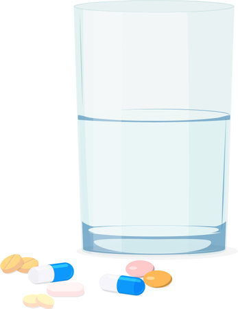 Vector illustration of a glass of water and some tabletsのイラスト素材