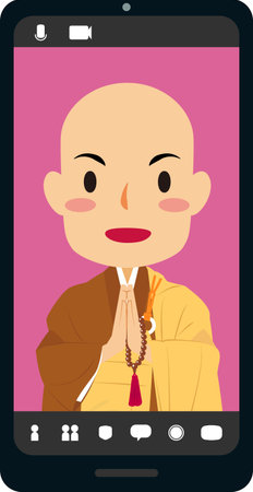 Vector illustration of online prayer on smartphone screen. Service of a Buddhist monk in formal dress.  #02 Buddha. Spiritual. Buddhism. Japanese.のイラスト素材
