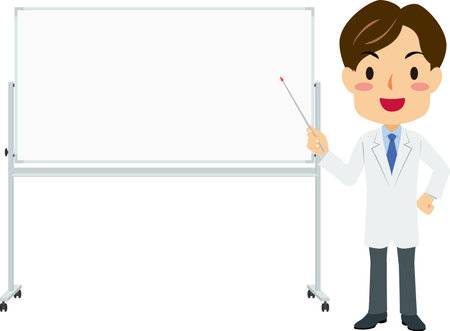 Vector illustration of a man in white coat holding a pointing stick in front of a whiteboard.のイラスト素材