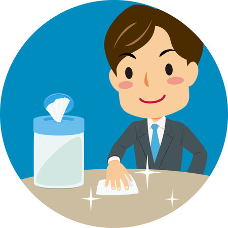 Vector illustration of blue icon of cleaning a table with disinfecting wipes. Coronavirus prevention.のイラスト素材