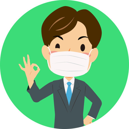 Vector illustration of green icon of a man wearing a mask. Coronavirus prevention.のイラスト素材