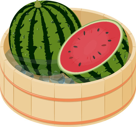 Vector illustration of cool whole watermelon and watermelon cut in half with some ice in Japanese "oke", wood bucket.のイラスト素材